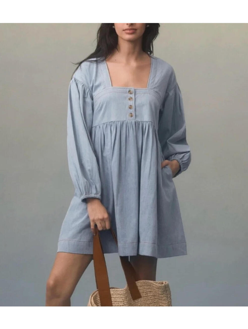 Anthropologie‎ oversized XXS blue jean boho baby doll dress balloon sleeves EE